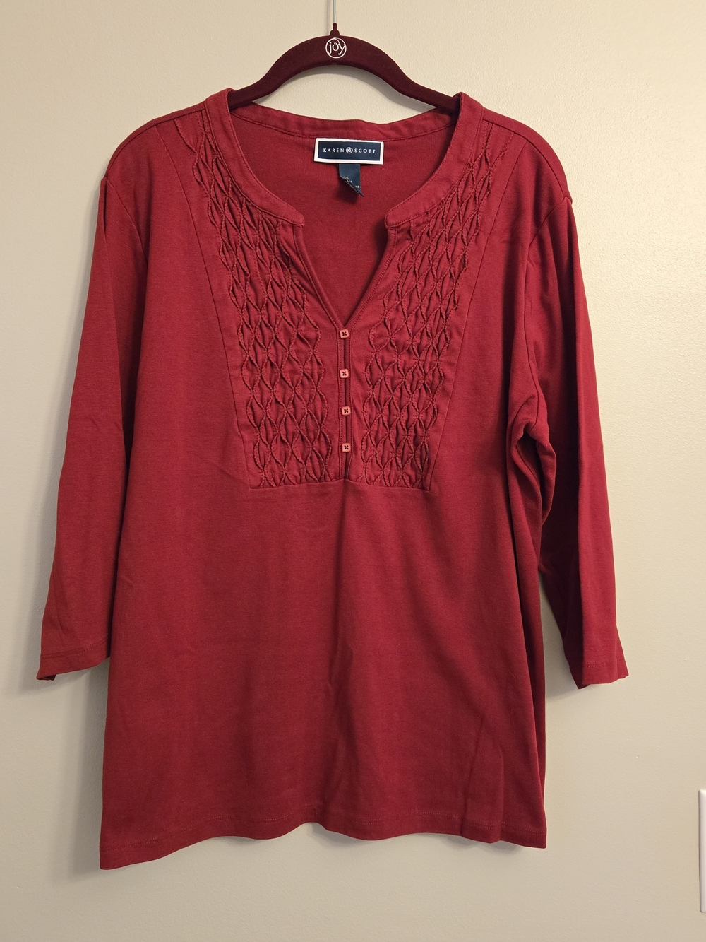 Karen Scott Long-Sleeve Split Neck Top with Embroidered Front